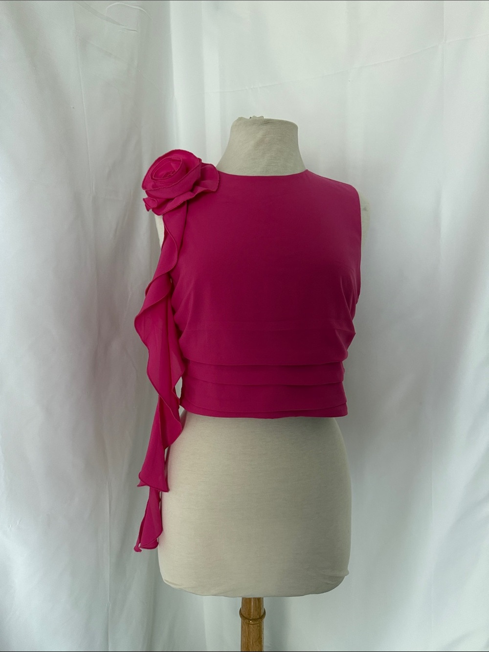 Feminine One-Shoulder Rose-Trim Hot Pink Camisole